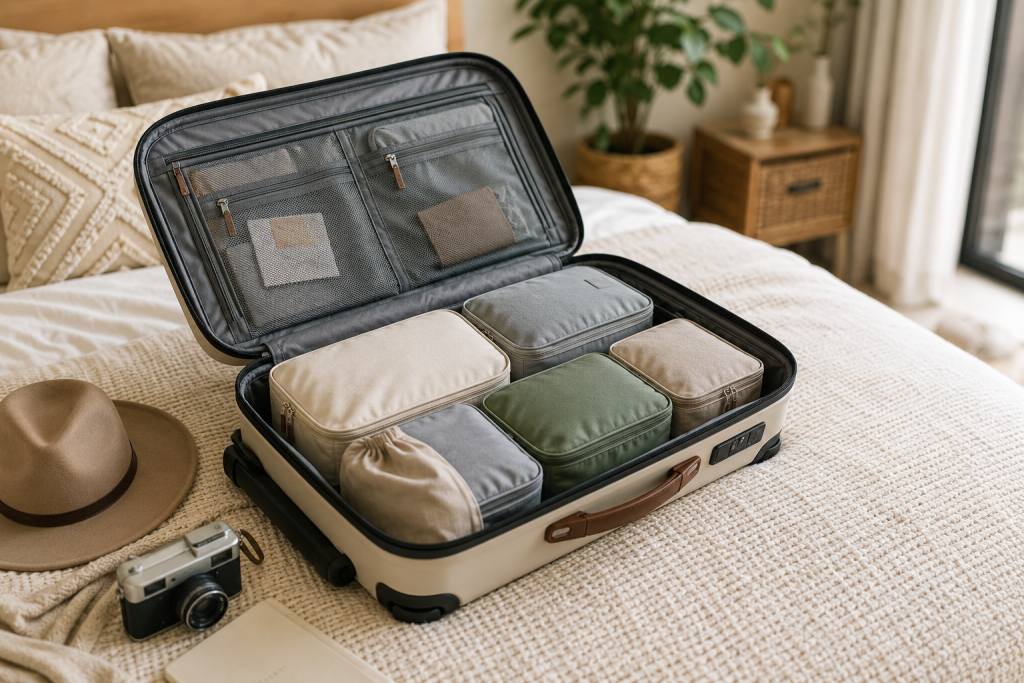 Open carry-on suitcase with packing cubes