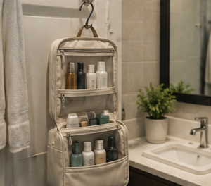 Hanging toiletry bag in hotel bathroom