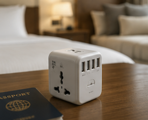 Universal travel adapter in hotel room