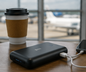 Portable power bank charging phone in airport lounge