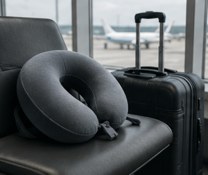 neck pillow on an airport lounge seat beside a suitcase, with luggage and a jet further in the background